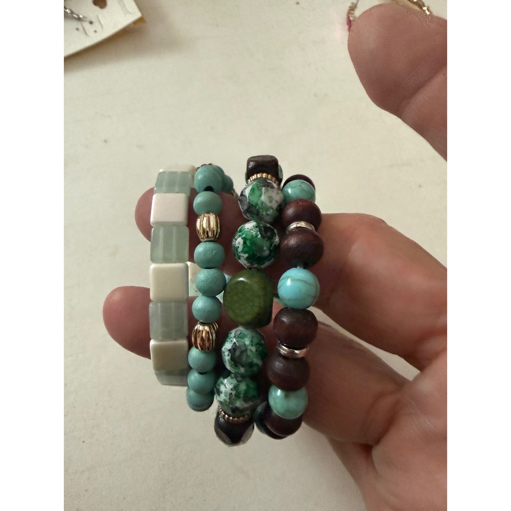 Boho Beaded Stretch Bracelet Set Turquoise Green Wood Stone 4 Piece‎ Stack